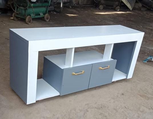 Tv Stand 120cm×32cm×60cm White With Shades Of Grey On The Sides And The Drawer, Well Crafted, Made Of Laminated Chipboard/MDF, With A Closed Cabinet for storage