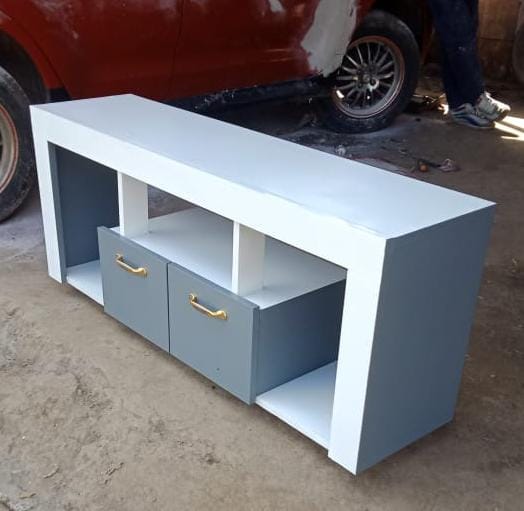 Tv Stand 120cm×32cm×60cm White With Shades Of Grey On The Sides And The Drawer, Well Crafted, Made Of Laminated Chipboard/MDF, With A Closed Cabinet for storage