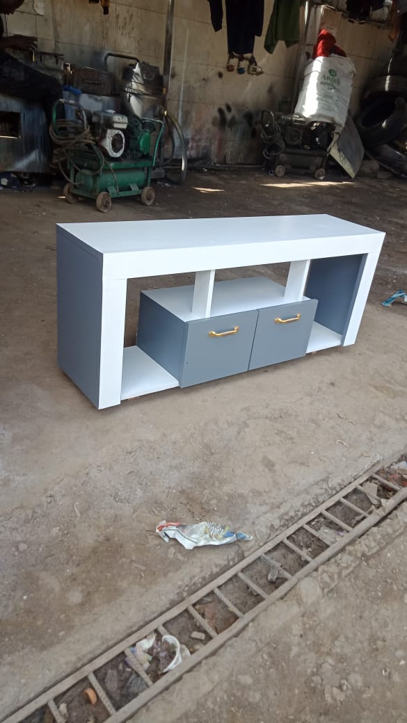 Tv Stand 120cm×32cm×60cm White With Shades Of Grey On The Sides And The Drawer, Well Crafted, Made Of Laminated Chipboard/MDF, With A Closed Cabinet for storage