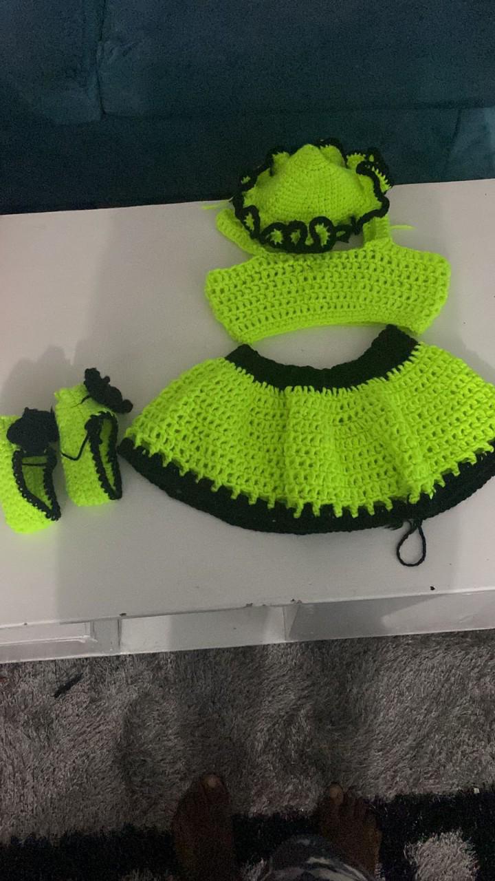 baby 2 piece top and skirt plus a hat and Crotchet shoes