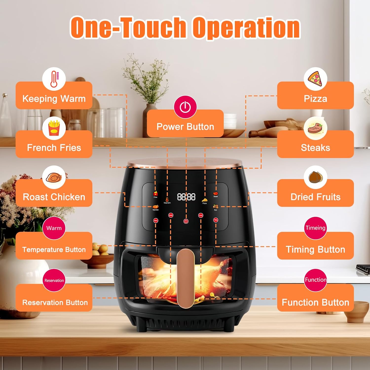 8.0L Air Fryer Oil Free, Smart Touch LCD Screen Display Air Fryer Cooker, 2400W Multifunction Health Deep Fryer for Fries Pizza Cake Toast Fish