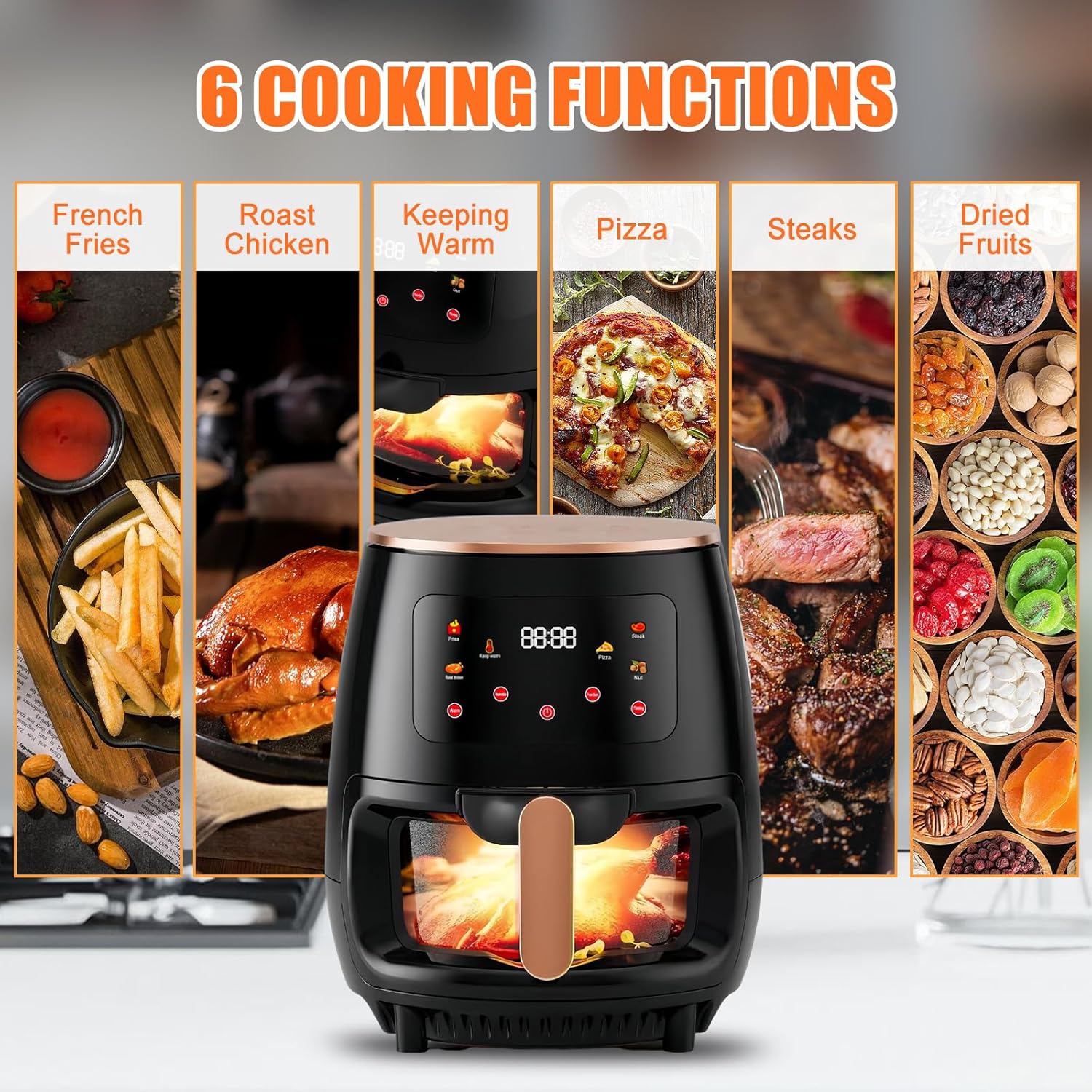 8.0L Air Fryer Oil Free, Smart Touch LCD Screen Display Air Fryer Cooker, 2400W Multifunction Health Deep Fryer for Fries Pizza Cake Toast Fish