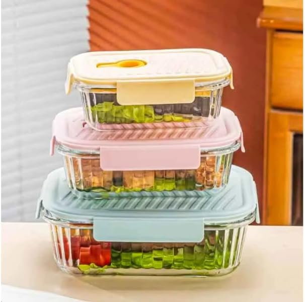 3pcs Borosilicate Glass ribbed Food Storage Containers with Lids - Airtight Leak Proof Food Container Snap & Lock Shut Lids and Silicone Seal Fridge Organizer Stackable Refrigerator Organizer