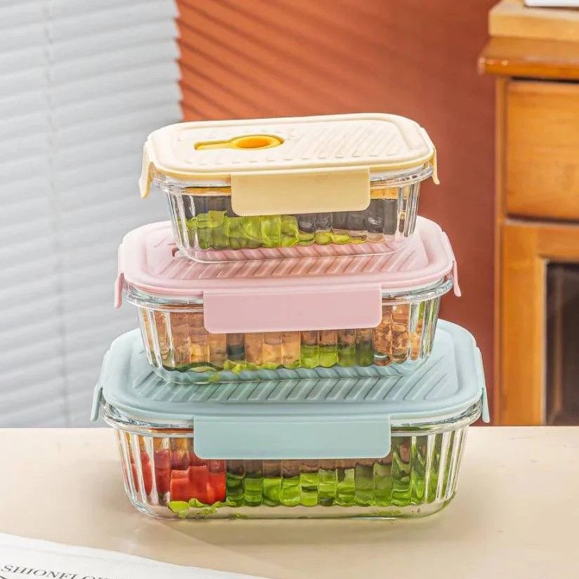 3pcs Borosilicate Glass ribbed Food Storage Containers with Lids - Airtight Leak Proof Food Container Snap & Lock Shut Lids and Silicone Seal Fridge Organizer Stackable Refrigerator Organizer