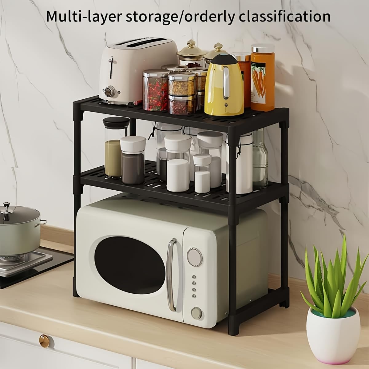 Multifunctional Kitchen Microwave Rack – Space Saving Microwave Stand, Cutlery and Spice Organizer, Countertop Storage Rack, Freestanding Storage Unit for Microwave Oven and Kitchen