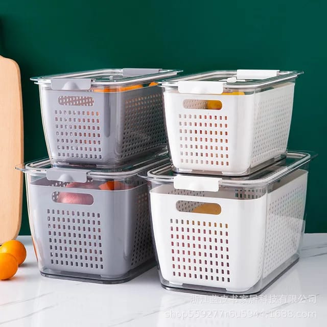 Plastic Fridge Storage Box Refrigerator Fresh Vegetable, Fruit, Meat Container Removable Drain Basket Storage Containers with Lid Kitchen Tools Organizer (Combo)(Drain Basket)
