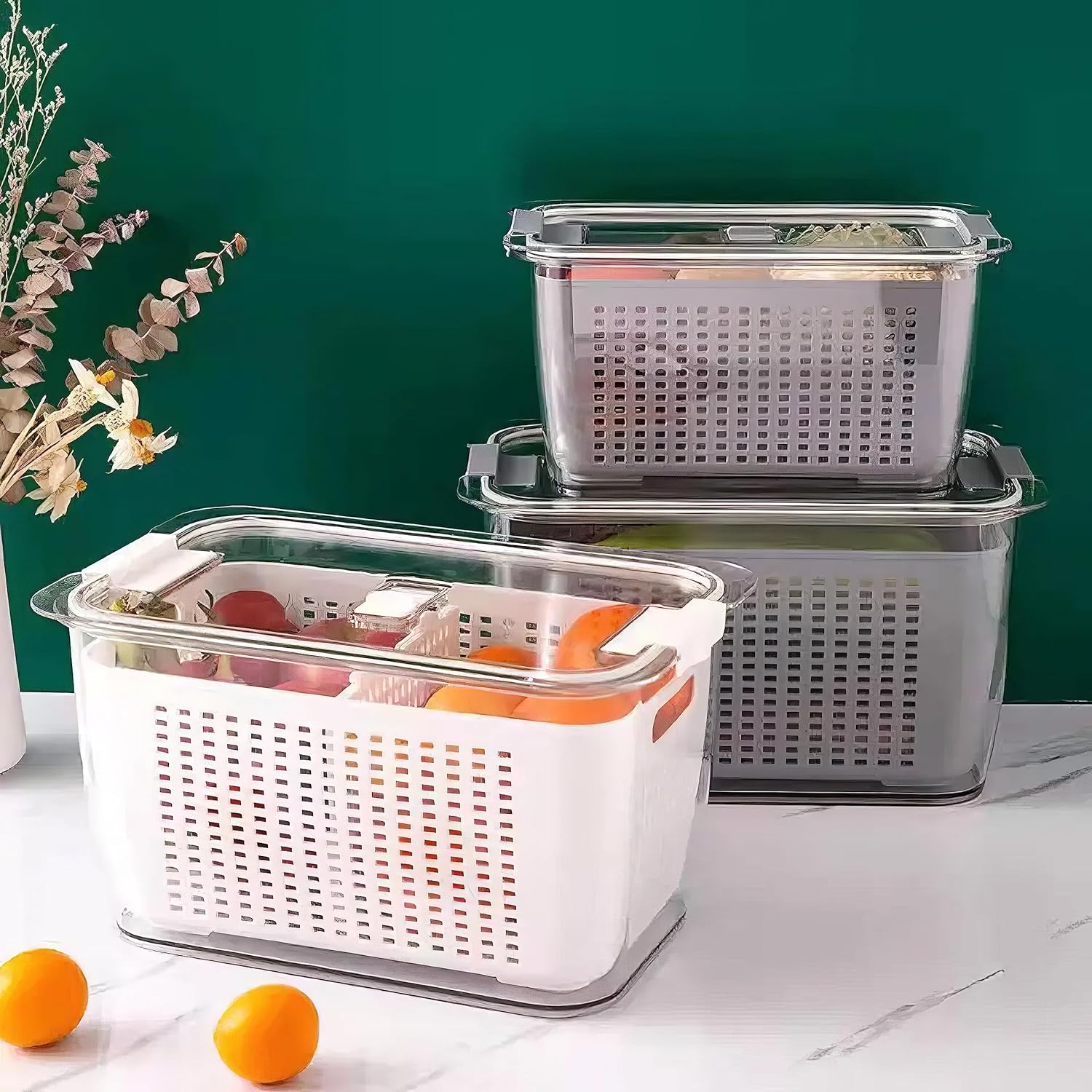 Plastic Fridge Storage Box Refrigerator Fresh Vegetable, Fruit, Meat Container Removable Drain Basket Storage Containers with Lid Kitchen Tools Organizer (Combo)(Drain Basket)