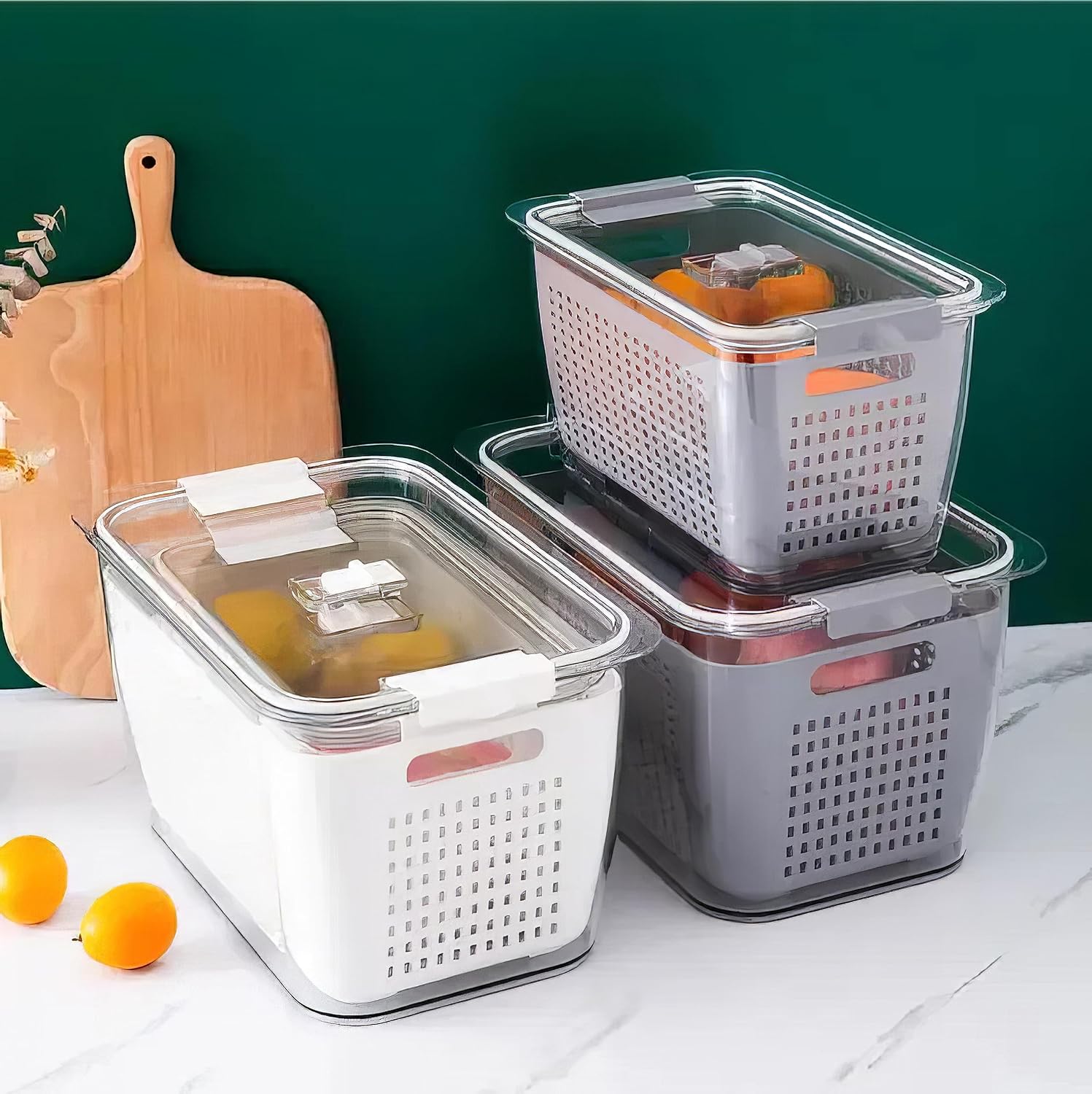 Plastic Fridge Storage Box Refrigerator Fresh Vegetable, Fruit, Meat Container Removable Drain Basket Storage Containers with Lid Kitchen Tools Organizer (Combo)(Drain Basket)