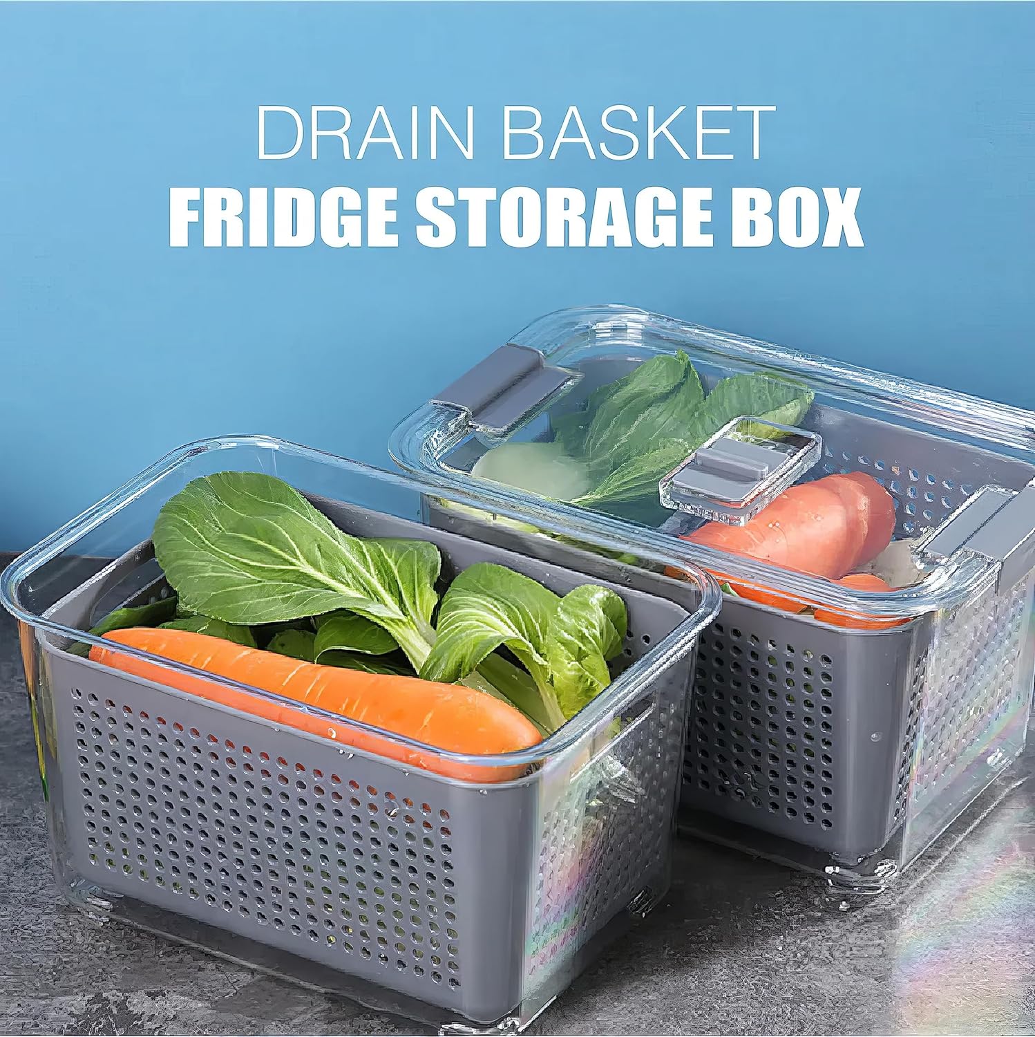 Plastic Fridge Storage Box Refrigerator Fresh Vegetable, Fruit, Meat Container Removable Drain Basket Storage Containers with Lid Kitchen Tools Organizer (Combo)(Drain Basket)
