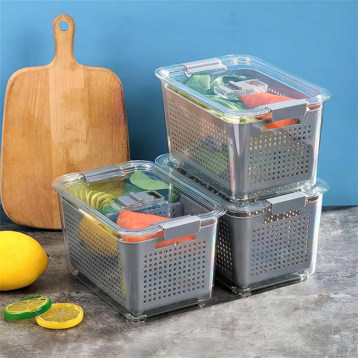 Plastic Fridge Storage Box Refrigerator Fresh Vegetable, Fruit, Meat Container Removable Drain Basket Storage Containers with Lid Kitchen Tools Organizer (Combo)(Drain Basket)