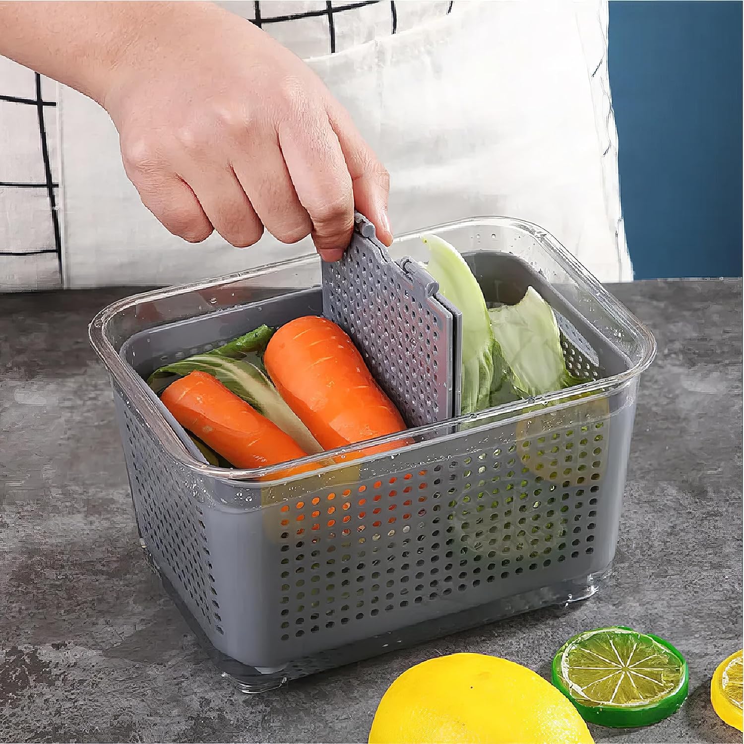 Plastic Fridge Storage Box Refrigerator Fresh Vegetable, Fruit, Meat Container Removable Drain Basket Storage Containers with Lid Kitchen Tools Organizer (Combo)(Drain Basket)