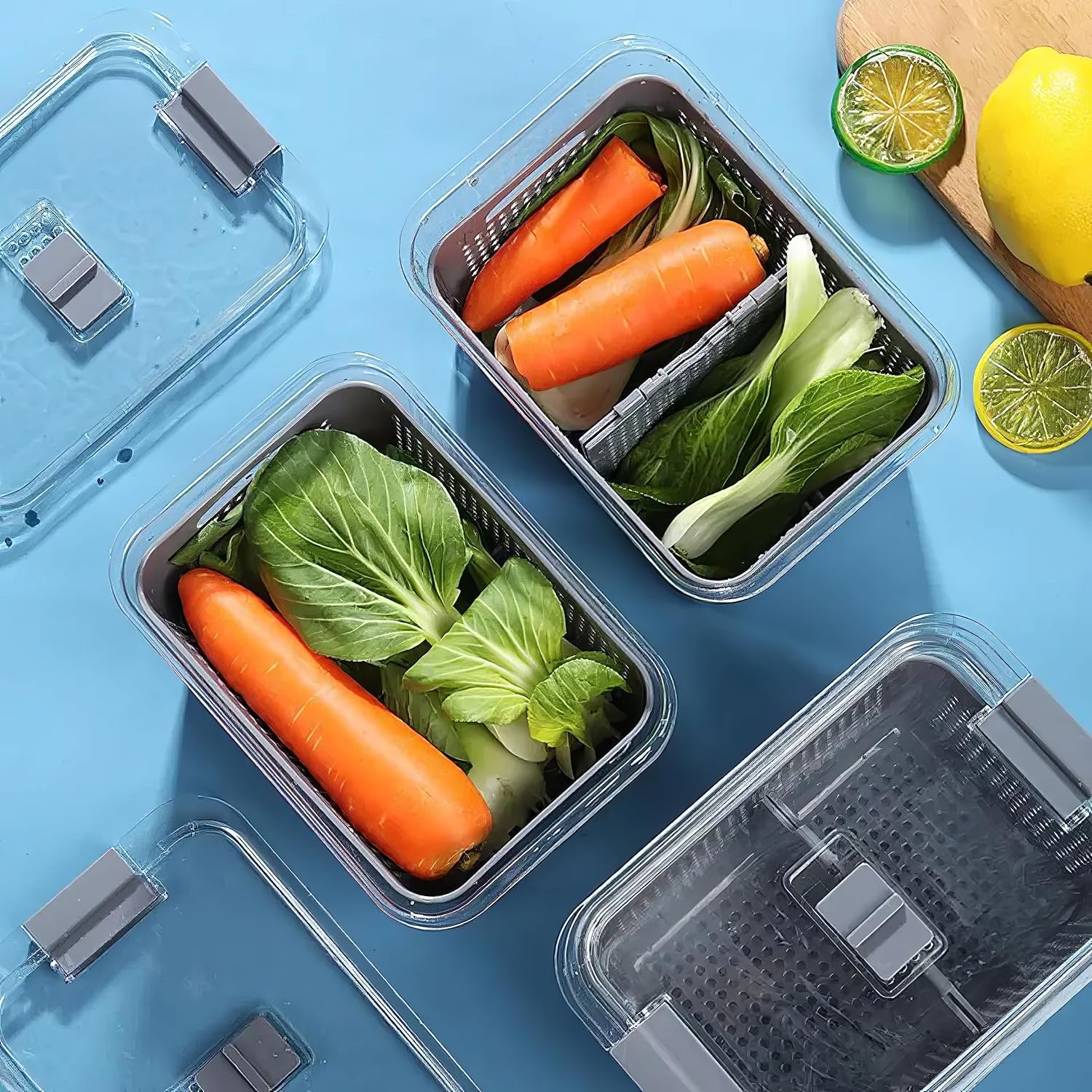 Plastic Fridge Storage Box Refrigerator Fresh Vegetable, Fruit, Meat Container Removable Drain Basket Storage Containers with Lid Kitchen Tools Organizer (Combo)(Drain Basket)
