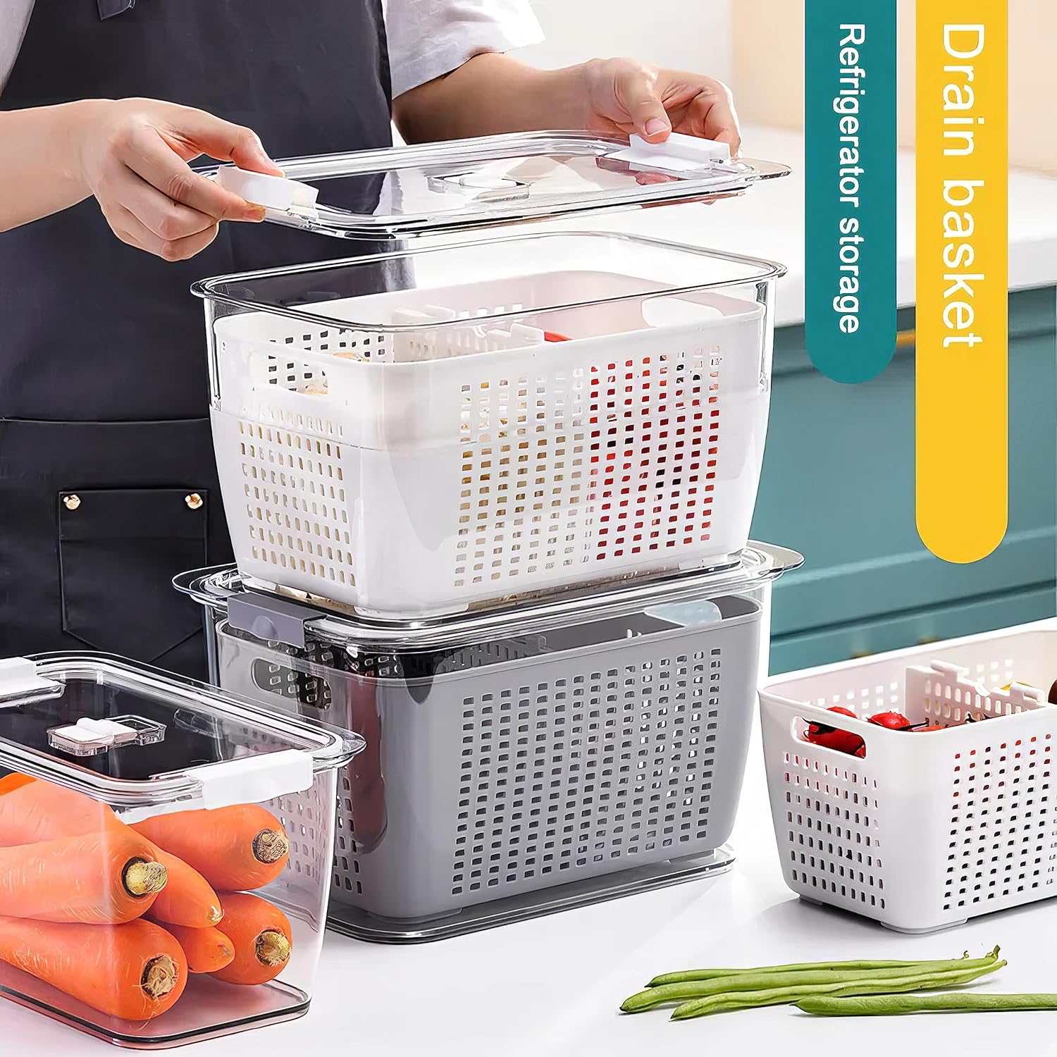 Plastic Fridge Storage Box Refrigerator Fresh Vegetable, Fruit, Meat Container Removable Drain Basket Storage Containers with Lid Kitchen Tools Organizer (Combo)(Drain Basket)
