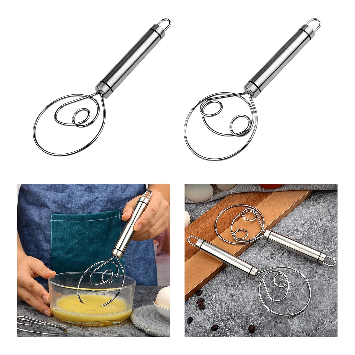 Dough Whisk Stainless Steel Pastry Blender Whisks for Cooking, Dutch Style Bread Whisk Dough Mixer Hand Tool for Bread Batter Cake Pastry, Silver