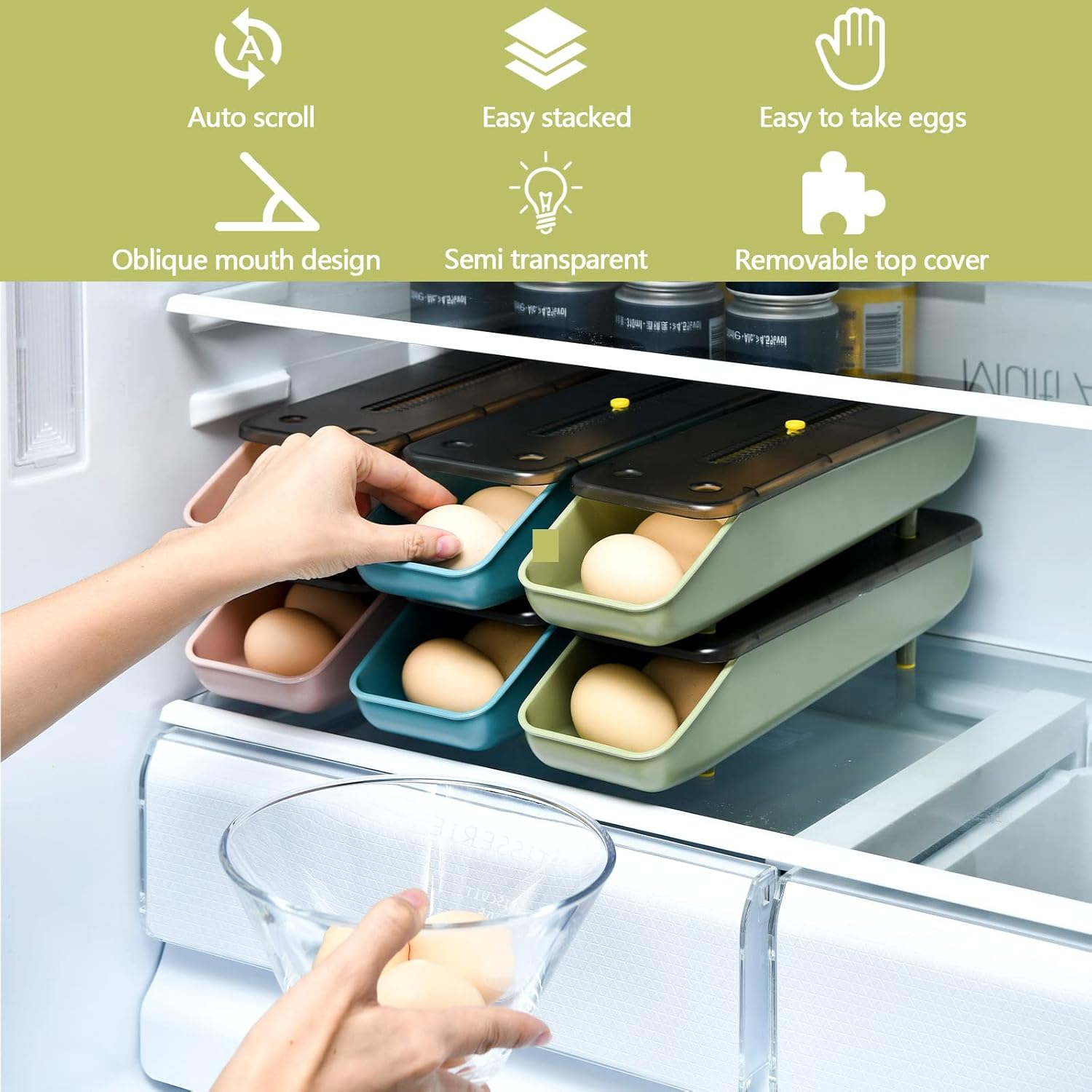 Egg Container for Fridge, Automatic Rolling Egg Storage Box, Fresh Egg Holder for Fridge with Lid, Chicken Egg Storage Container Organizer Bin Egg Tray for Household