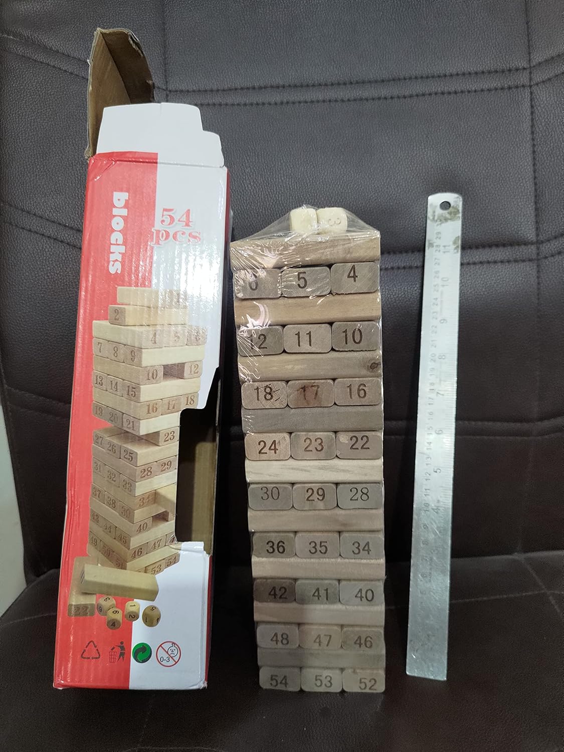 Jenga 54 Pcs Wooden Blocks 4 Dices Jenga Numbered Building Bricks Stacking Classic Traditional Toppling Tumbling Tower Game Kid Gift - Challenging Math (Big Size) Puzzle Dice Wooden