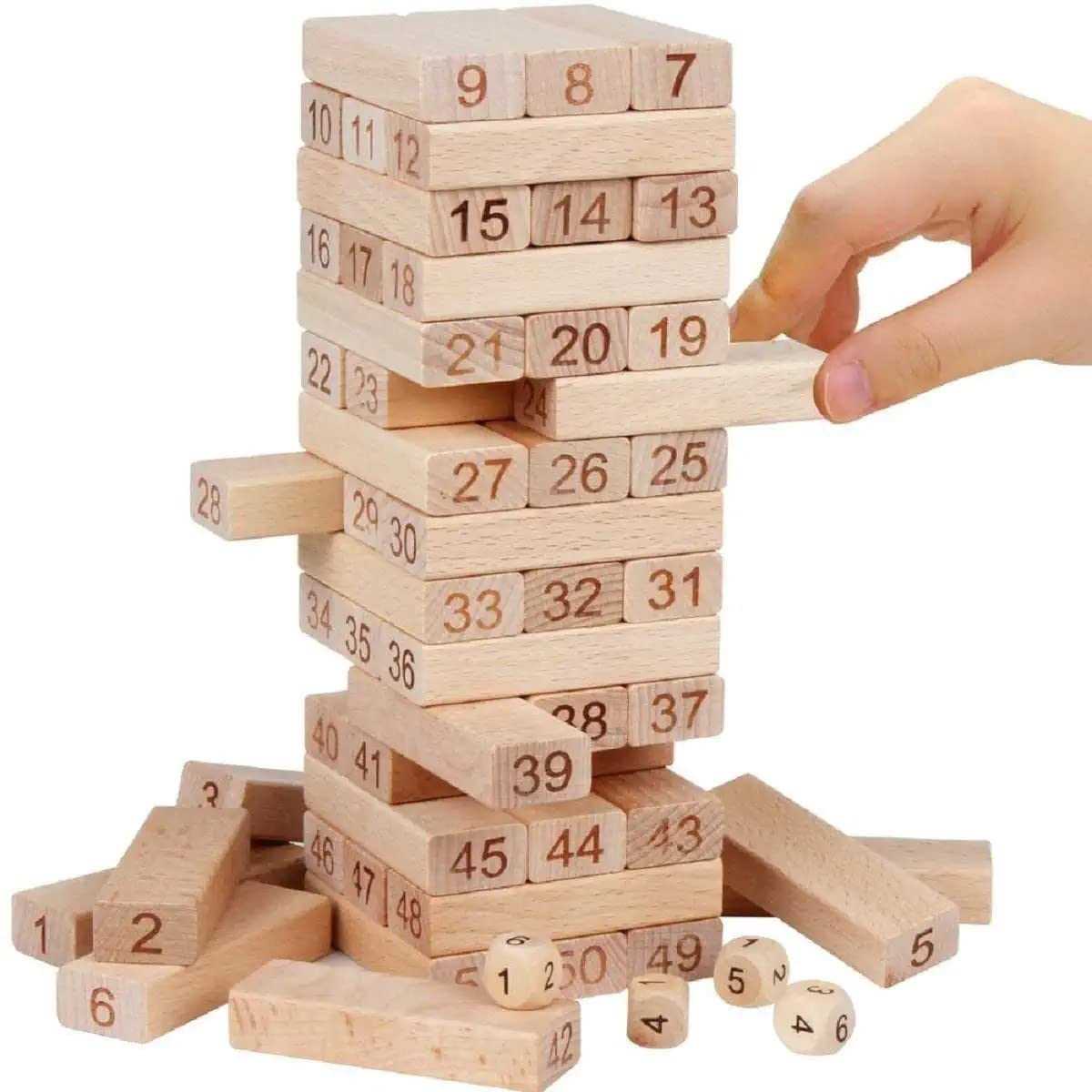 Jenga 54 Pcs Wooden Blocks 4 Dices Jenga Numbered Building Bricks Stacking Classic Traditional Toppling Tumbling Tower Game Kid Gift - Challenging Math (Big Size) Puzzle Dice Wooden