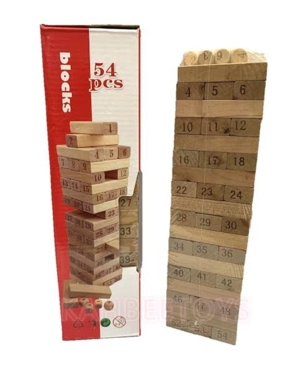Jenga 54 Pcs Wooden Blocks 4 Dices Jenga Numbered Building Bricks Stacking Classic Traditional Toppling Tumbling Tower Game Kid Gift - Challenging Math (Big Size) Puzzle Dice Wooden
