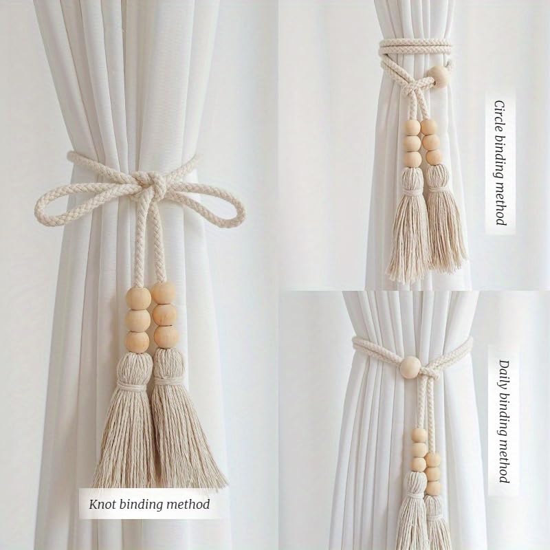 2pcs Bohemian Style Curtain Tiebacks, Wood Beaded Curtain Holdback with Tassels, Home Decor for Living Room, Bedroom, Kitchen (Pack of 02)