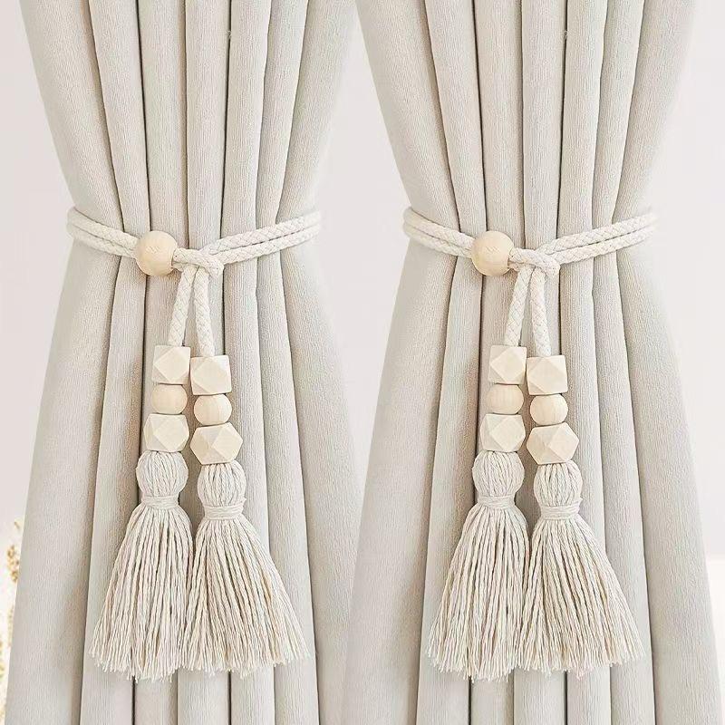 2pcs Bohemian Style Curtain Tiebacks, Wood Beaded Curtain Holdback with Tassels, Home Decor for Living Room, Bedroom, Kitchen (Pack of 02)