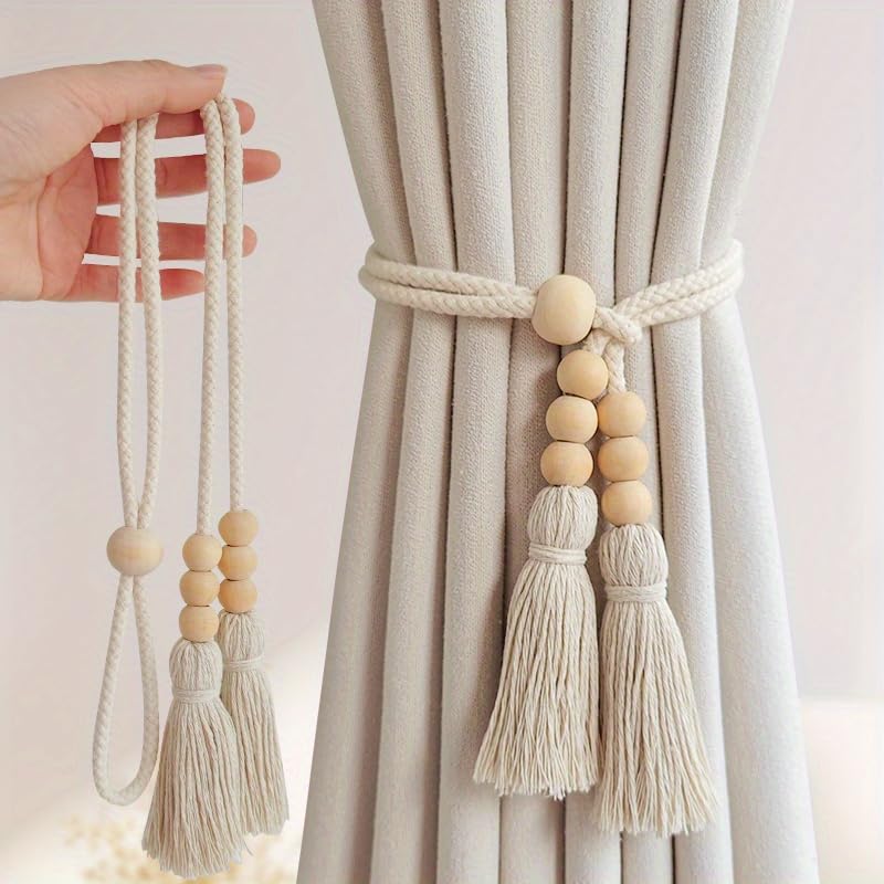 2pcs Bohemian Style Curtain Tiebacks, Wood Beaded Curtain Holdback with Tassels, Home Decor for Living Room, Bedroom, Kitchen (Pack of 02)