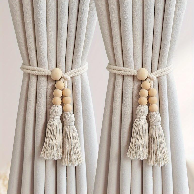 2pcs Bohemian Style Curtain Tiebacks, Wood Beaded Curtain Holdback with Tassels, Home Decor for Living Room, Bedroom, Kitchen (Pack of 02)