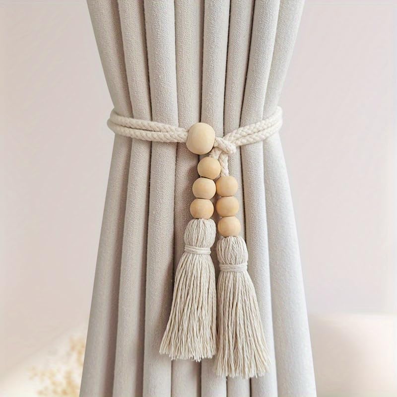 2pcs Bohemian Style Curtain Tiebacks, Wood Beaded Curtain Holdback with Tassels, Home Decor for Living Room, Bedroom, Kitchen (Pack of 02)