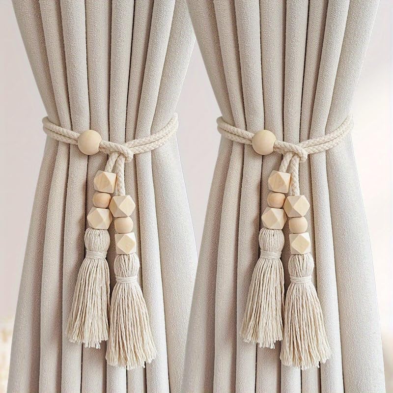 2pcs Bohemian Style Curtain Tiebacks, Wood Beaded Curtain Holdback with Tassels, Home Decor for Living Room, Bedroom, Kitchen (Pack of 02)
