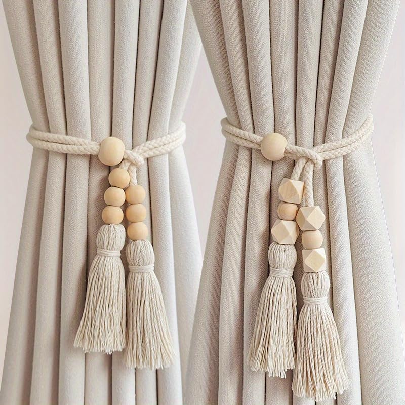 2pcs Bohemian Style Curtain Tiebacks, Wood Beaded Curtain Holdback with Tassels, Home Decor for Living Room, Bedroom, Kitchen (Pack of 02)