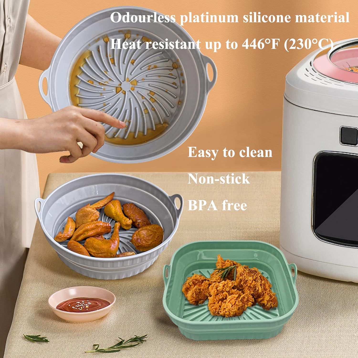 2Pcs Silicone Air Fryer Liners Square Foldable 8inch Large Air Fryer Silicone Pot Reusable Accessories Fit for 3.8-5.8L, Replacement for Disposable Parchment Paper Liner