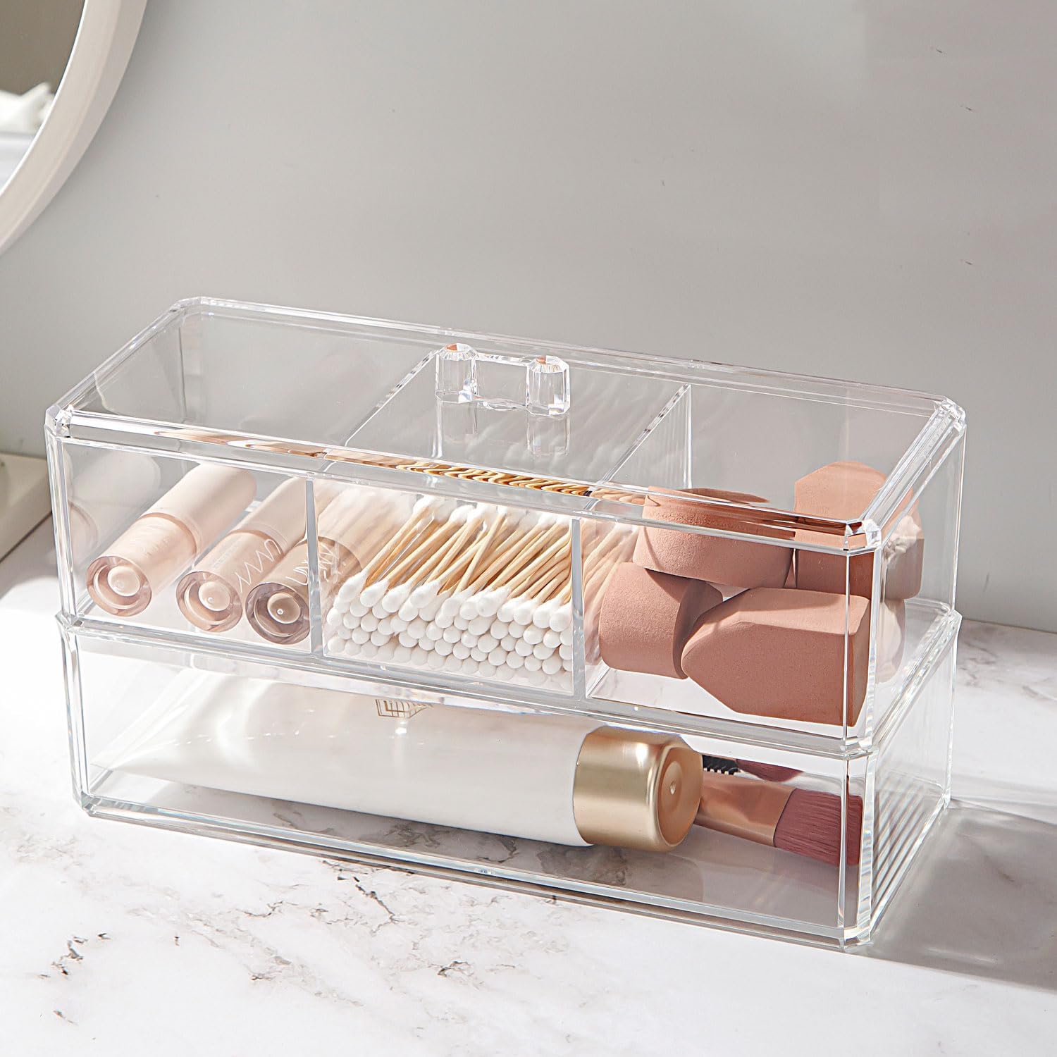 2 Tier Drawer Organizers Set, Make-up Organizers Drawer, 4 Slot Versatile Bathroom and Vanity Drawer Organizer Trays, Storage Bins for Makeup, Bedroom, Kitchen Gadgets Utensils and Office Accessories