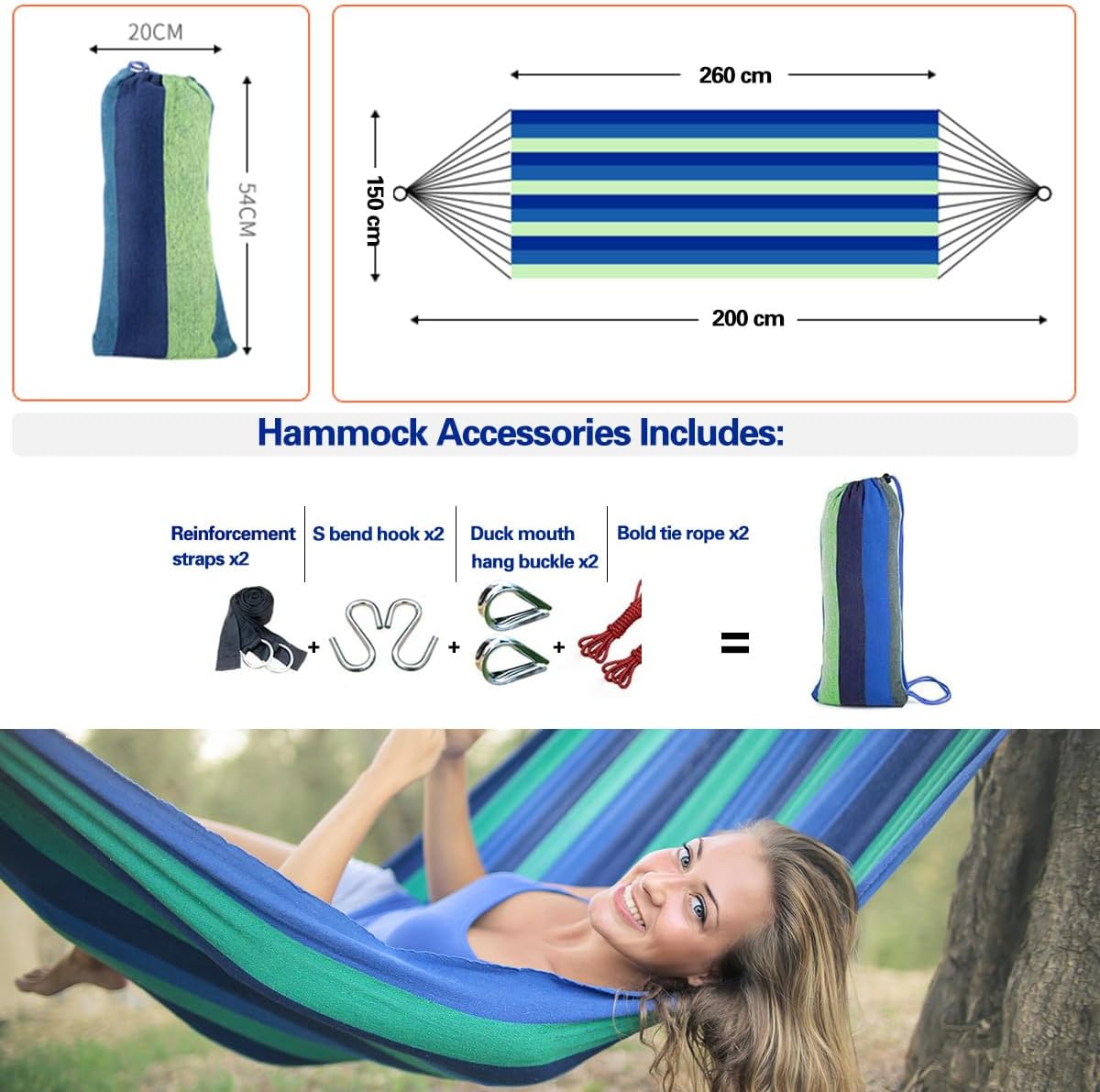 260 X 150cm Double Canvas Hammock with Spreader Bars, Durable Portable Hammock with Travel Bag, Comfortable Fabric Swing Chair, Load Capacity 300 kg, Perfect for Outdoor Patio Garden Camping