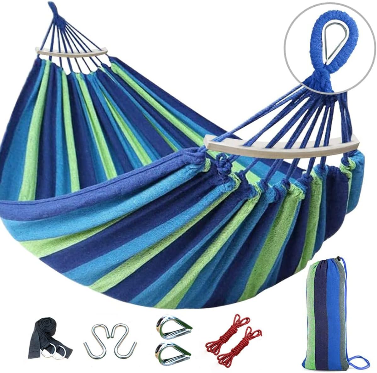 260 X 150cm Double Canvas Hammock with Spreader Bars, Durable Portable Hammock with Travel Bag, Comfortable Fabric Swing Chair, Load Capacity 300 kg, Perfect for Outdoor Patio Garden Camping