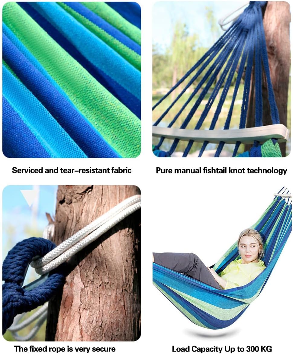 260 X 150cm Double Canvas Hammock with Spreader Bars, Durable Portable Hammock with Travel Bag, Comfortable Fabric Swing Chair, Load Capacity 300 kg, Perfect for Outdoor Patio Garden Camping