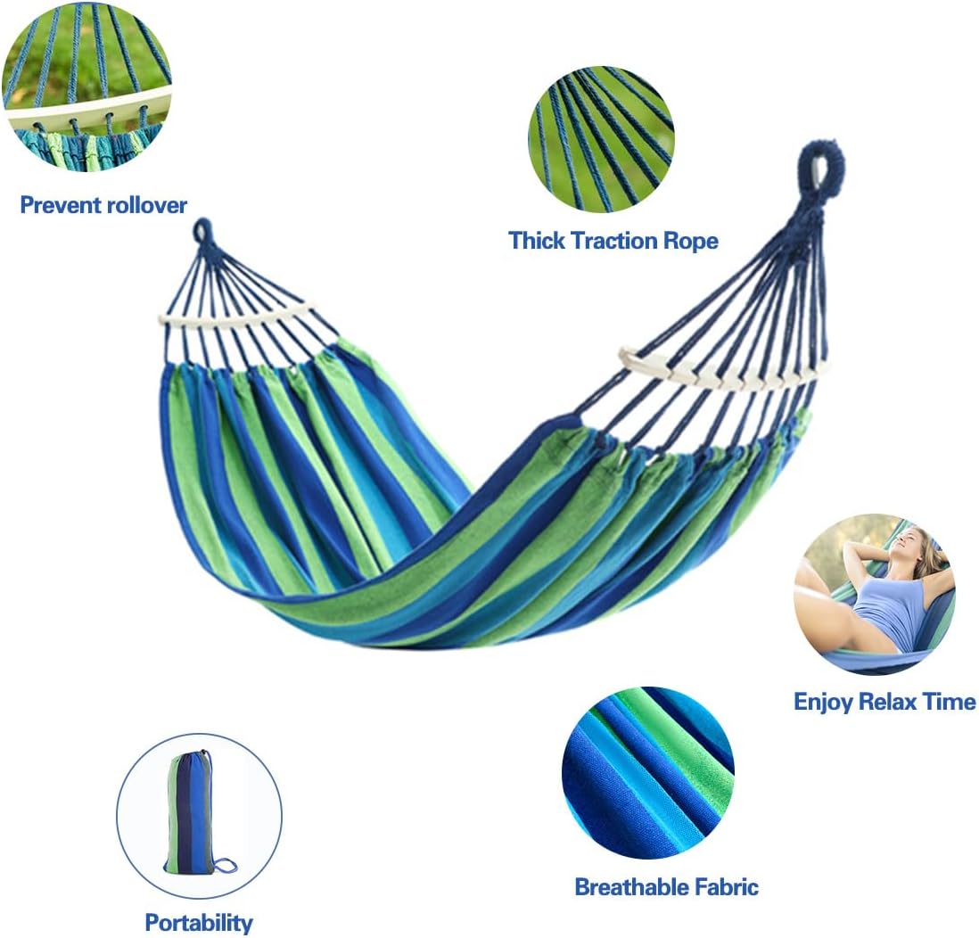260 X 150cm Double Canvas Hammock with Spreader Bars, Durable Portable Hammock with Travel Bag, Comfortable Fabric Swing Chair, Load Capacity 300 kg, Perfect for Outdoor Patio Garden Camping