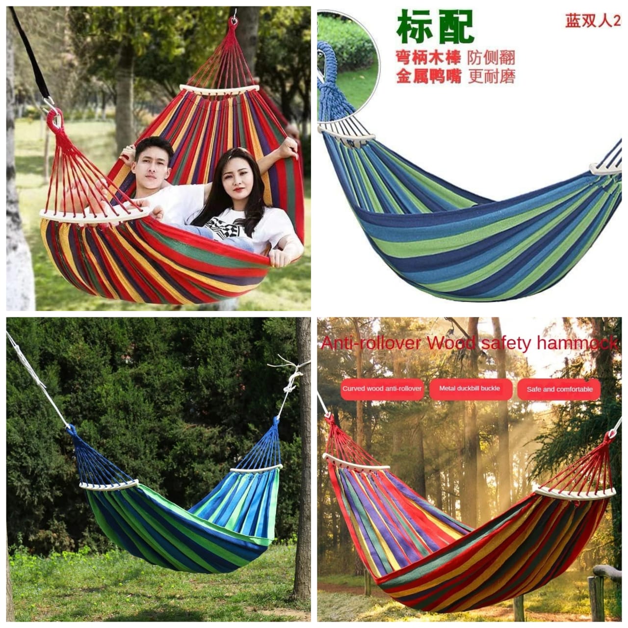 260 X 150cm Double Canvas Hammock with Spreader Bars, Durable Portable Hammock with Travel Bag, Comfortable Fabric Swing Chair, Load Capacity 300 kg, Perfect for Outdoor Patio Garden Camping