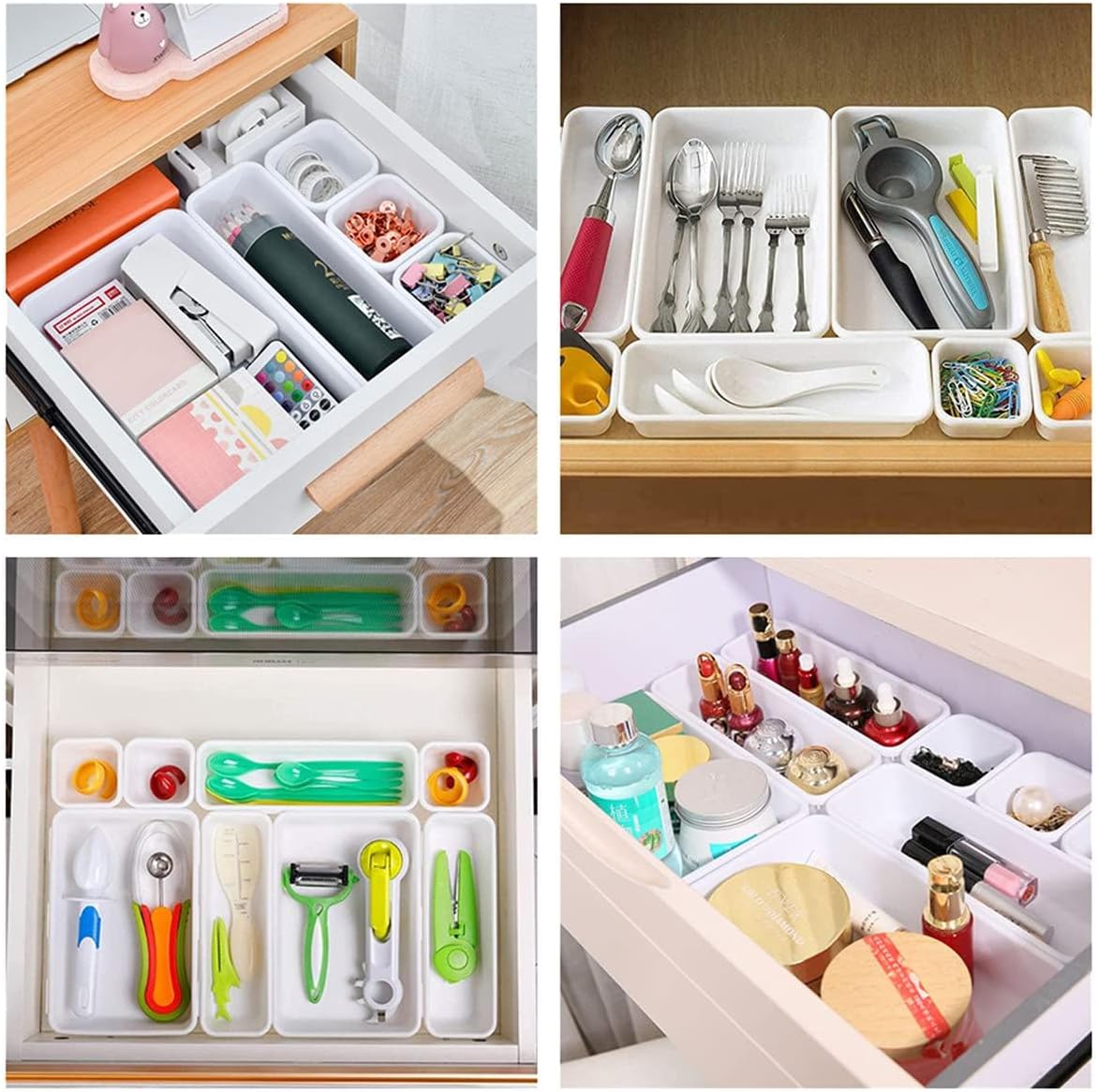 8 PCS Plastic Drawer Organizers Set, 3-Size Versatile Bathroom and Vanity Drawer Organizer Trays, Storage Bins for Makeup, Bedroom, Kitchen Gadgets Utensils and Office