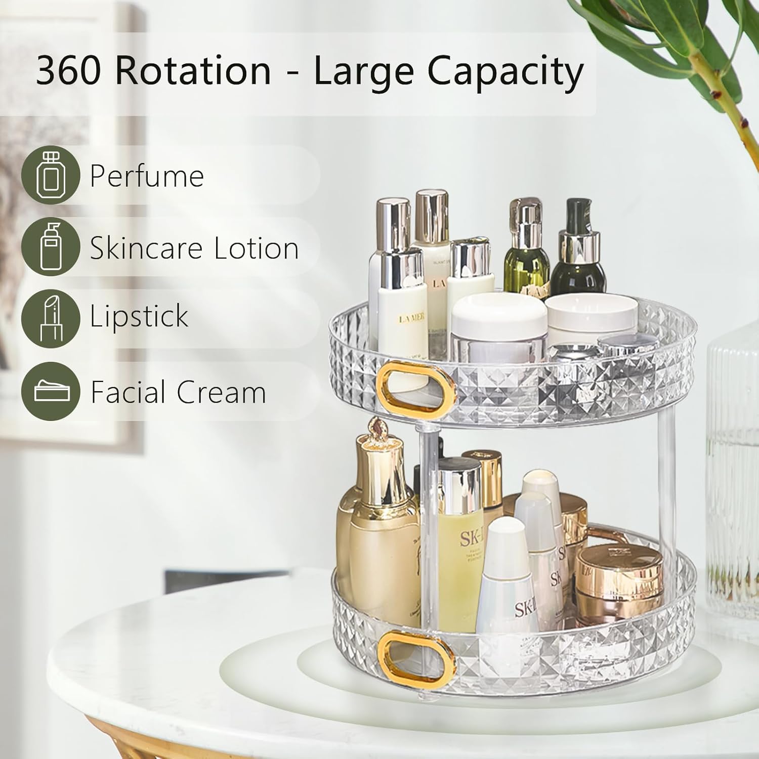 360° Rotating Makeup Organizer for Vanity, 2 Tiers Bathroom Organizer Large Capacity Cosmetics Storage Skincare Makeup Organizers Perfume Stand Spinning Organizer (Clear)
