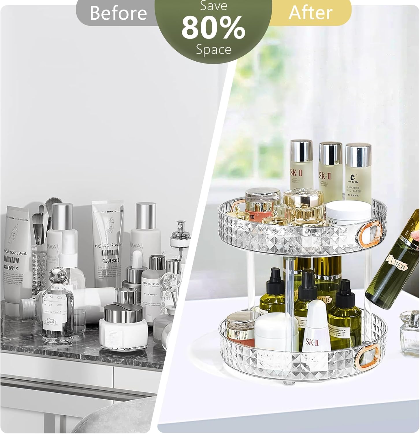 360° Rotating Makeup Organizer for Vanity, 2 Tiers Bathroom Organizer Large Capacity Cosmetics Storage Skincare Makeup Organizers Perfume Stand Spinning Organizer (Clear)