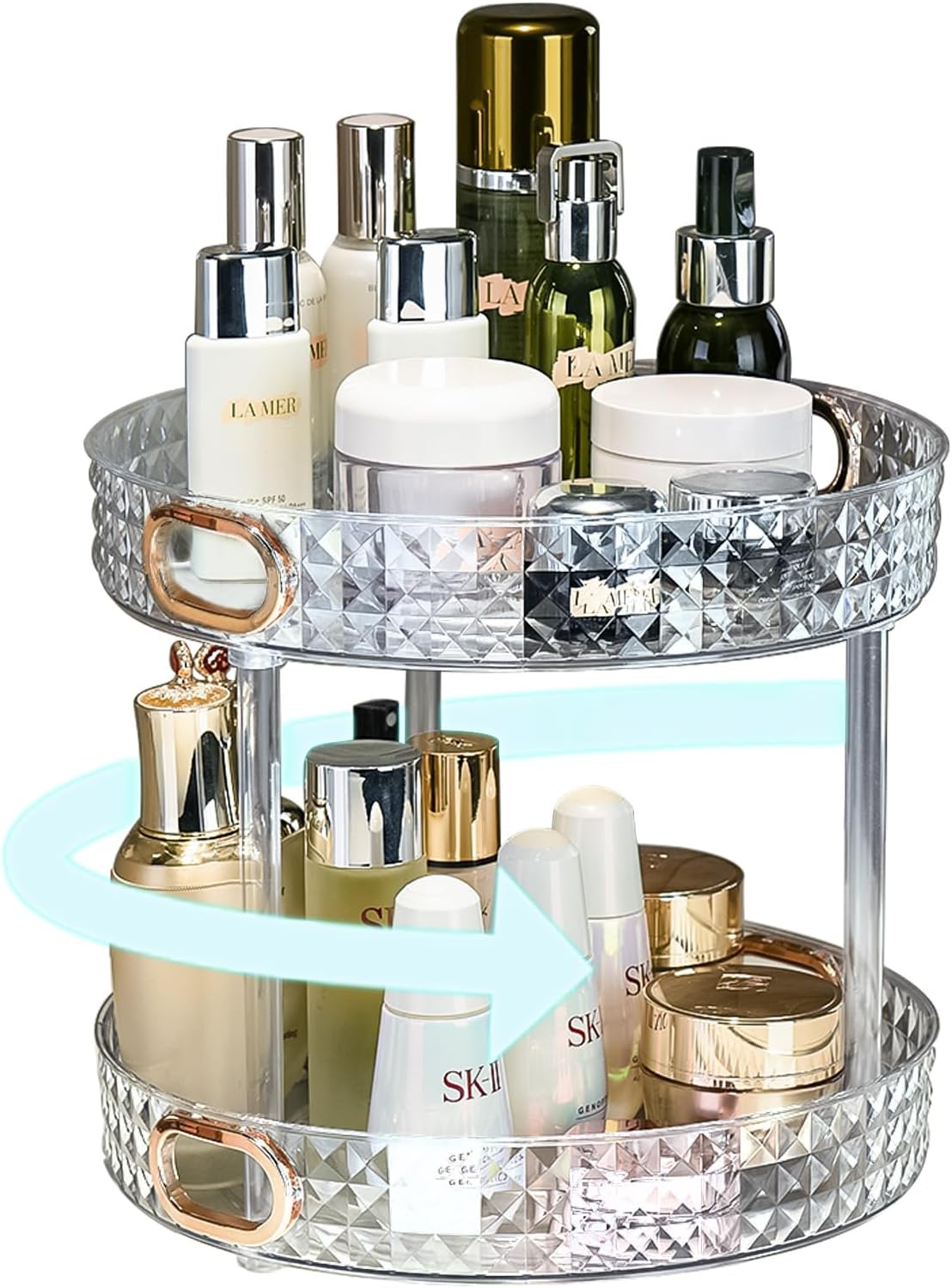 360° Rotating Makeup Organizer for Vanity, 2 Tiers Bathroom Organizer Large Capacity Cosmetics Storage Skincare Makeup Organizers Perfume Stand Spinning Organizer (Clear)