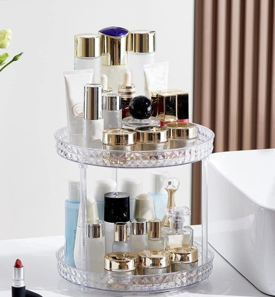 360° Rotating Makeup Organizer for Vanity, 2 Tiers Bathroom Organizer Large Capacity Cosmetics Storage Skincare Makeup Organizers Perfume Stand Spinning Organizer (Clear)