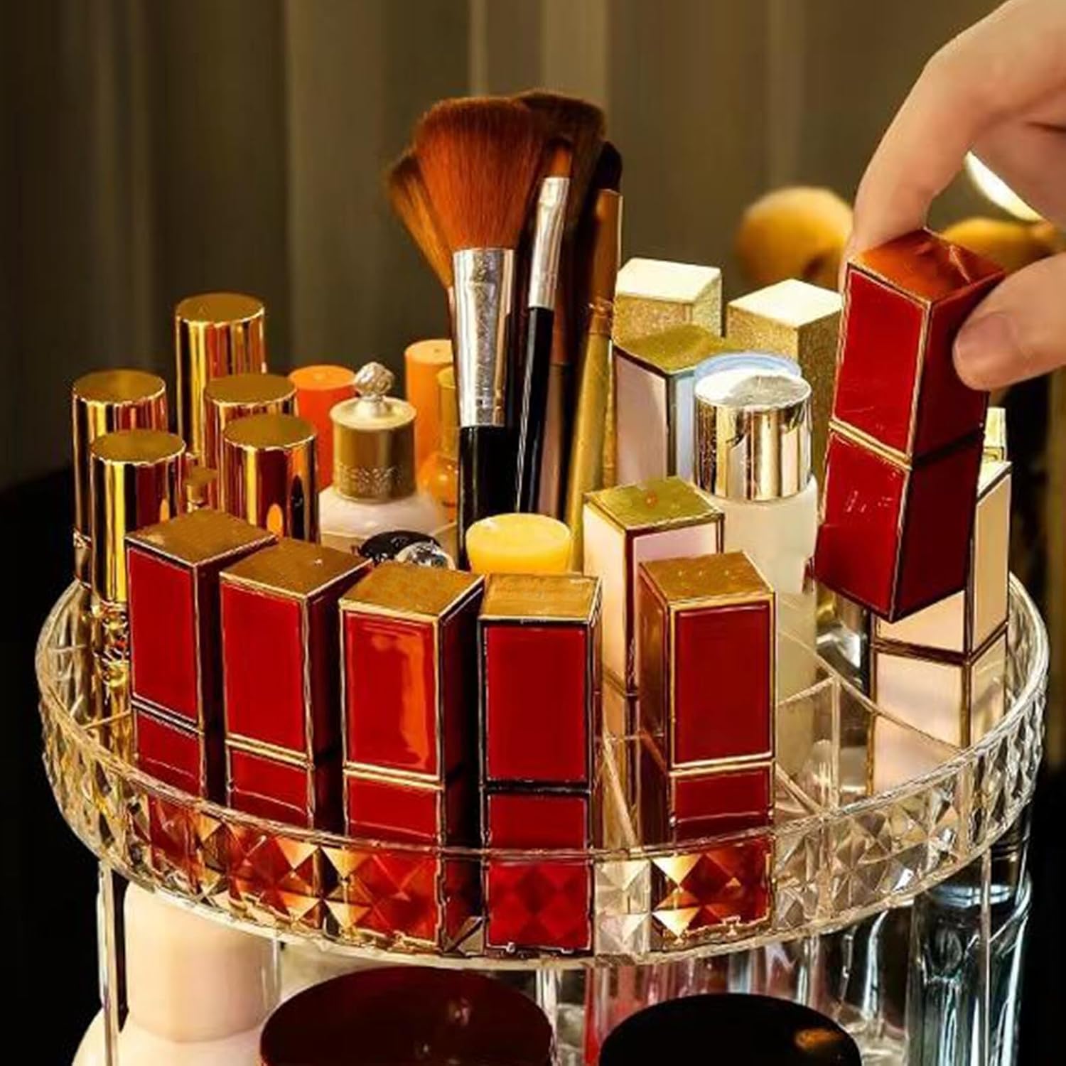 360° Rotating Makeup Organizer for Vanity, 2 Tiers Bathroom Organizer Large Capacity Cosmetics Storage Skincare Makeup Organizers Perfume Stand Spinning Organizer (Clear)