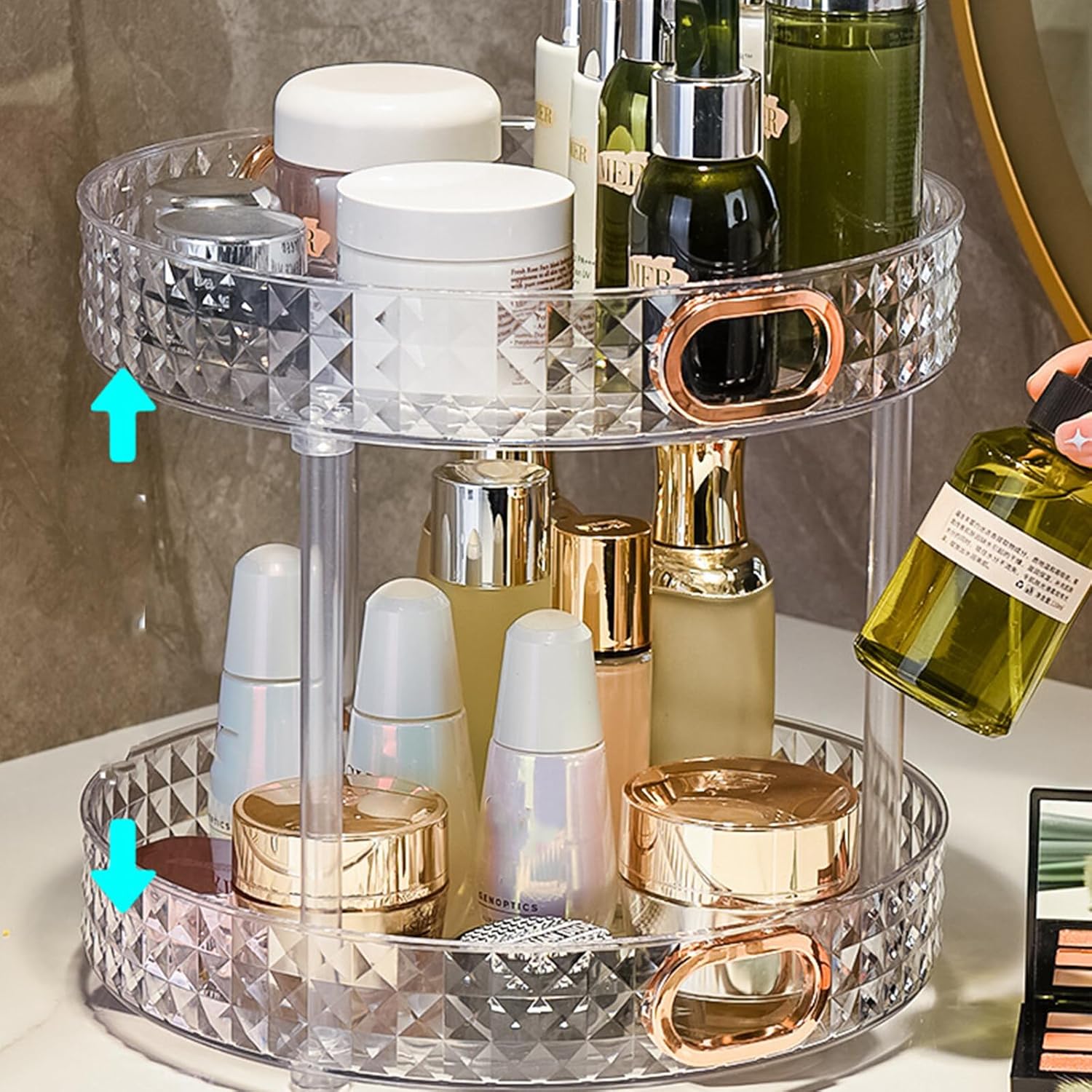 360° Rotating Makeup Organizer for Vanity, 2 Tiers Bathroom Organizer Large Capacity Cosmetics Storage Skincare Makeup Organizers Perfume Stand Spinning Organizer (Clear)