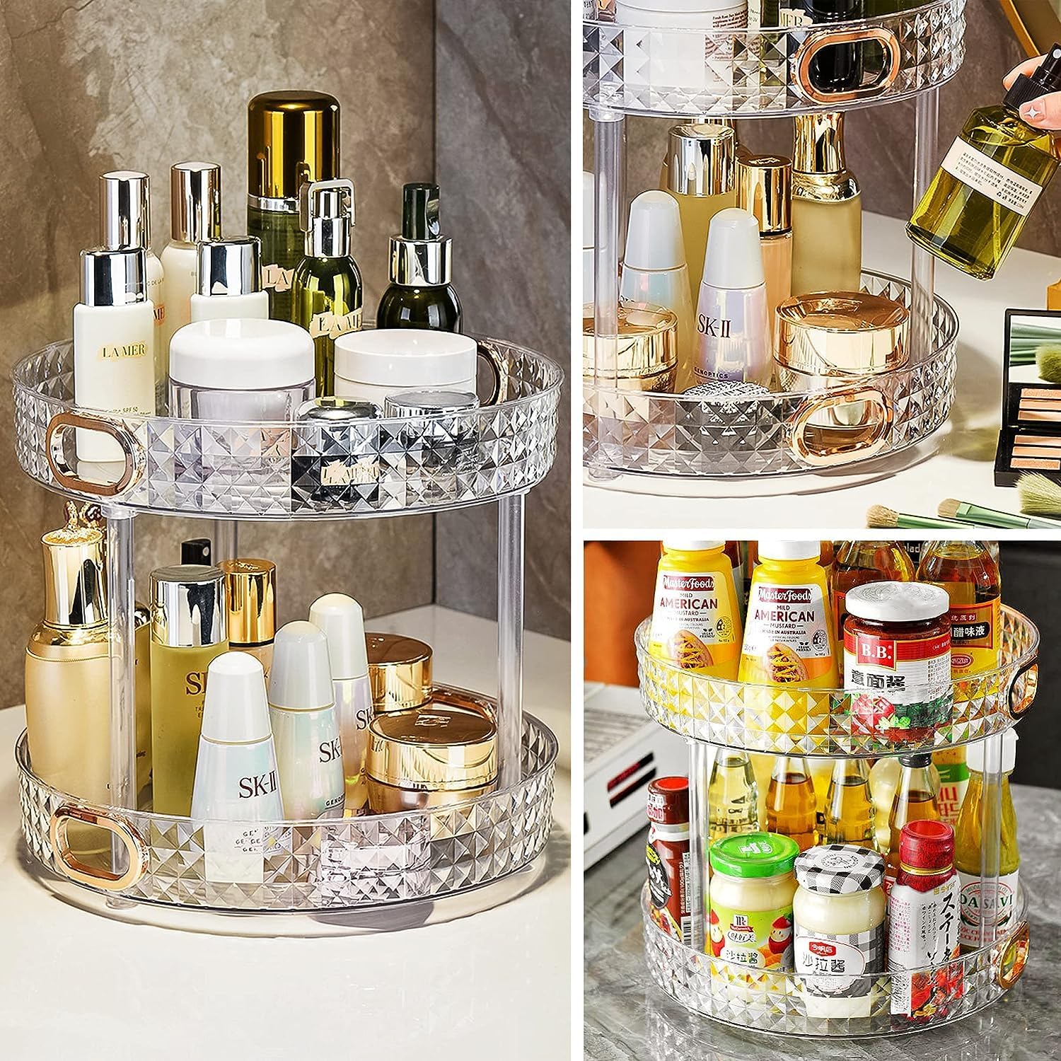 360° Rotating Makeup Organizer for Vanity, 2 Tiers Bathroom Organizer Large Capacity Cosmetics Storage Skincare Makeup Organizers Perfume Stand Spinning Organizer (Clear)