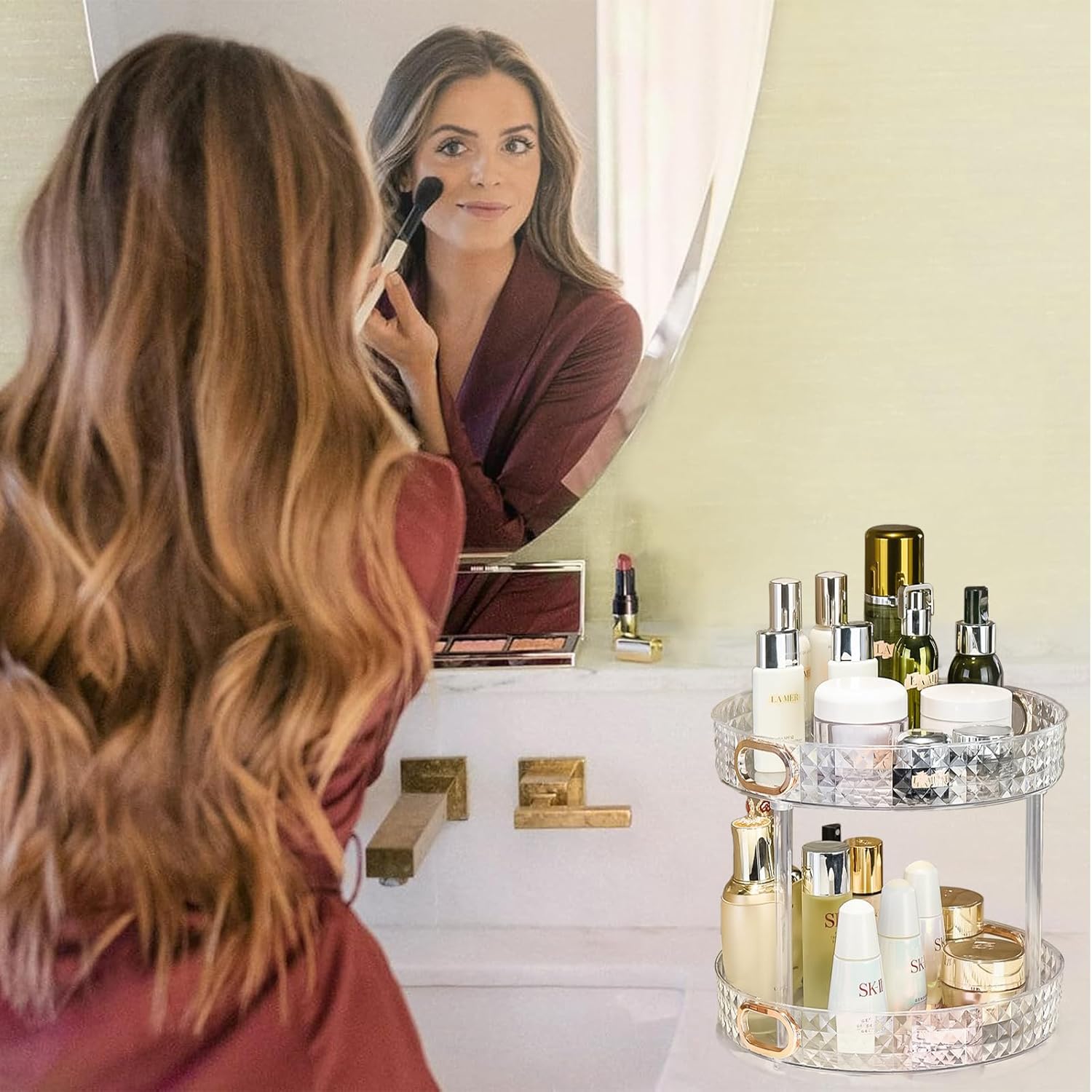 360° Rotating Makeup Organizer for Vanity, 2 Tiers Bathroom Organizer Large Capacity Cosmetics Storage Skincare Makeup Organizers Perfume Stand Spinning Organizer (Clear)