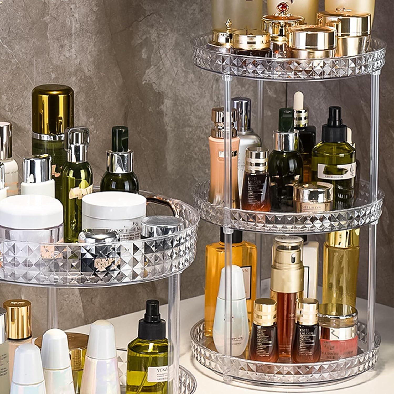 360° Rotating Makeup Organizer for Vanity, 2 Tiers Bathroom Organizer Large Capacity Cosmetics Storage Skincare Makeup Organizers Perfume Stand Spinning Organizer (Clear)