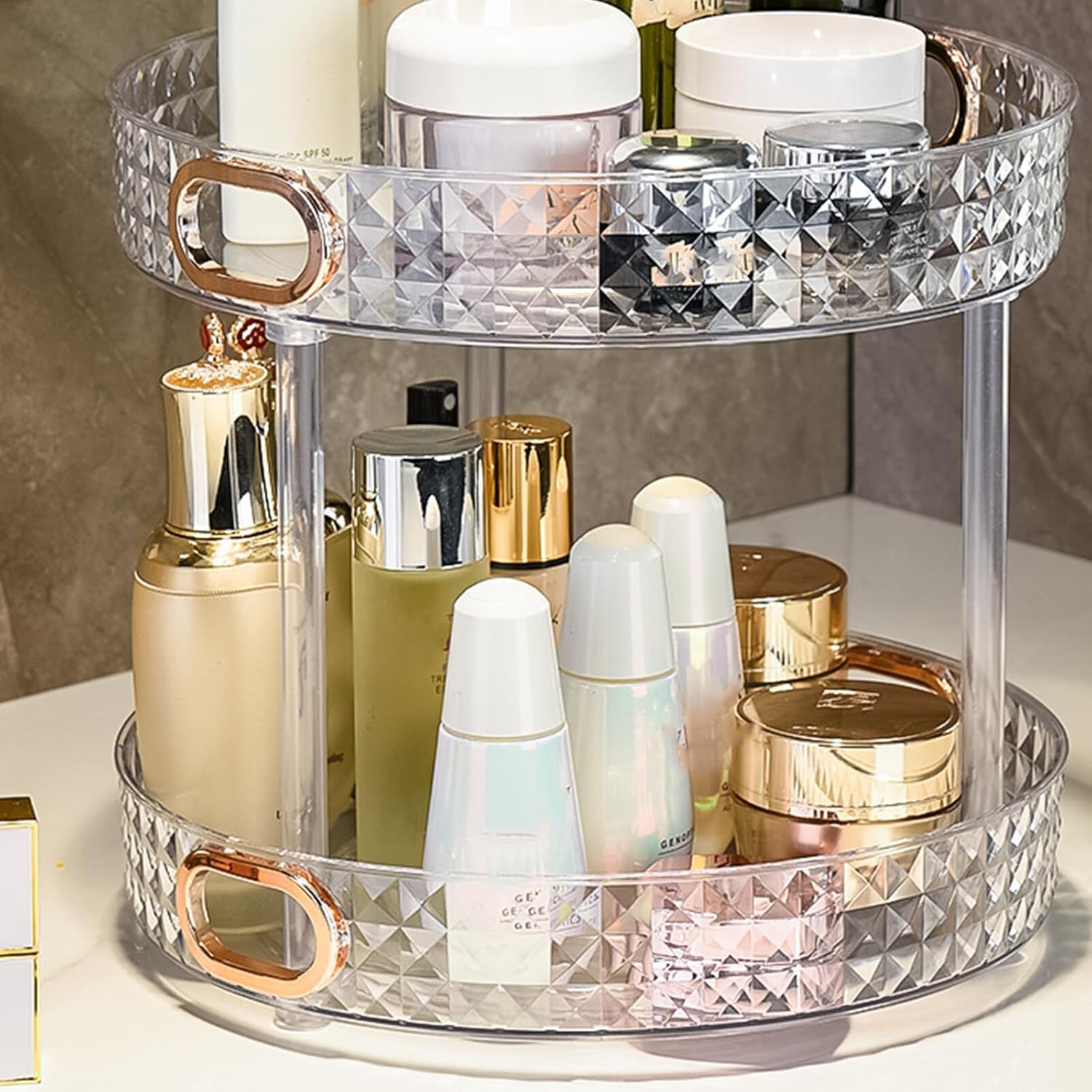 360° Rotating Makeup Organizer for Vanity, 2 Tiers Bathroom Organizer Large Capacity Cosmetics Storage Skincare Makeup Organizers Perfume Stand Spinning Organizer (Clear)