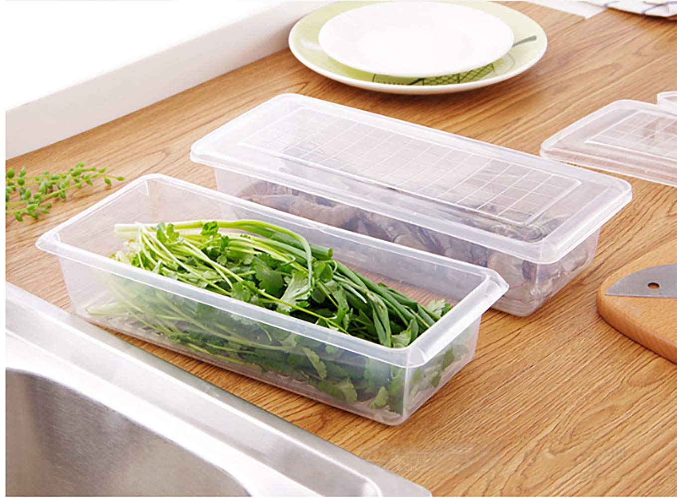Fridge Storage Containers with drain basket kitchen Storage Box Fridge organizer storage boxes for Radish Fresh Vegetables Durable fridge storage boxes for vegetables 1500ml 2pcs