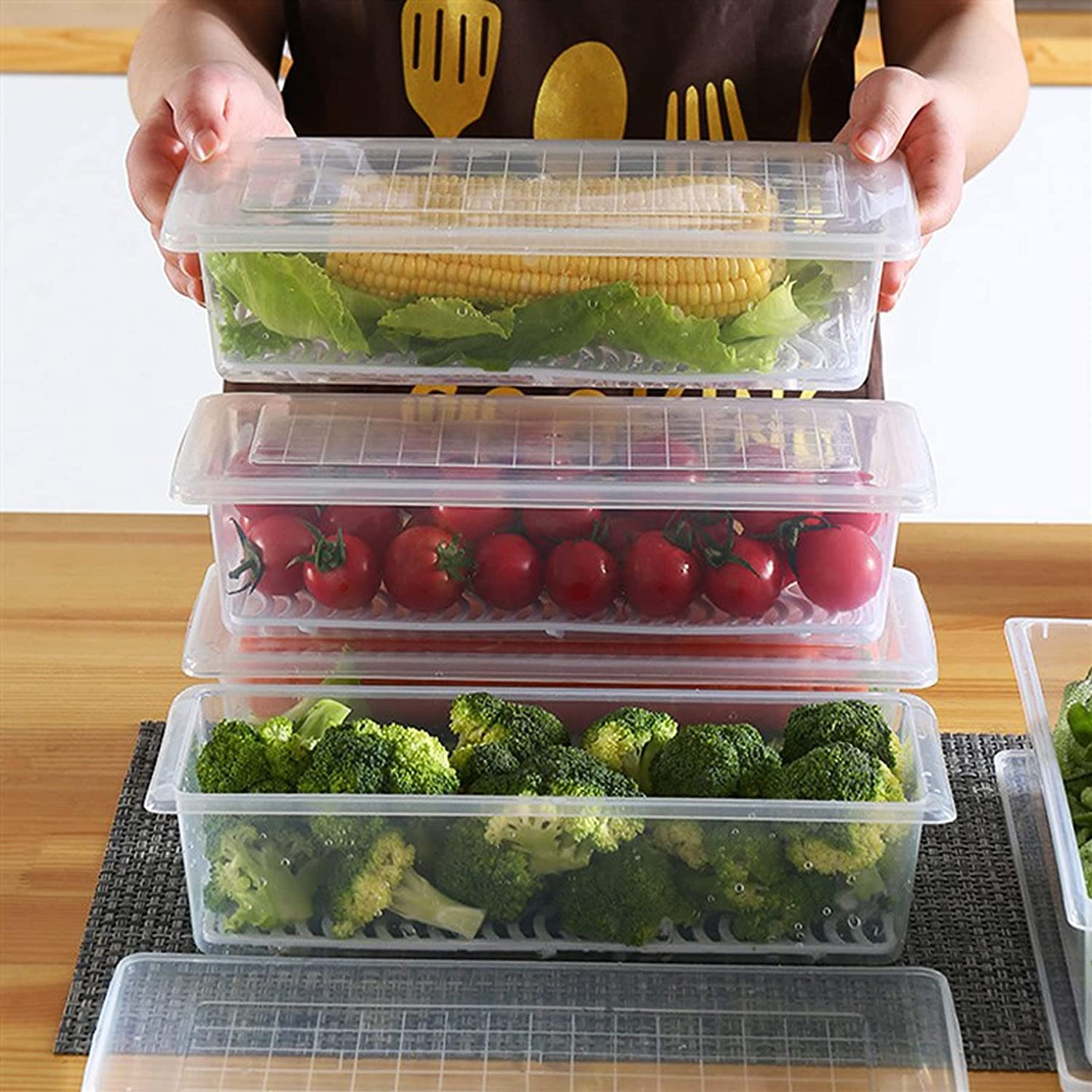 Fridge Storage Containers with drain basket kitchen Storage Box Fridge organizer storage boxes for Radish Fresh Vegetables Durable fridge storage boxes for vegetables 1500ml 2pcs