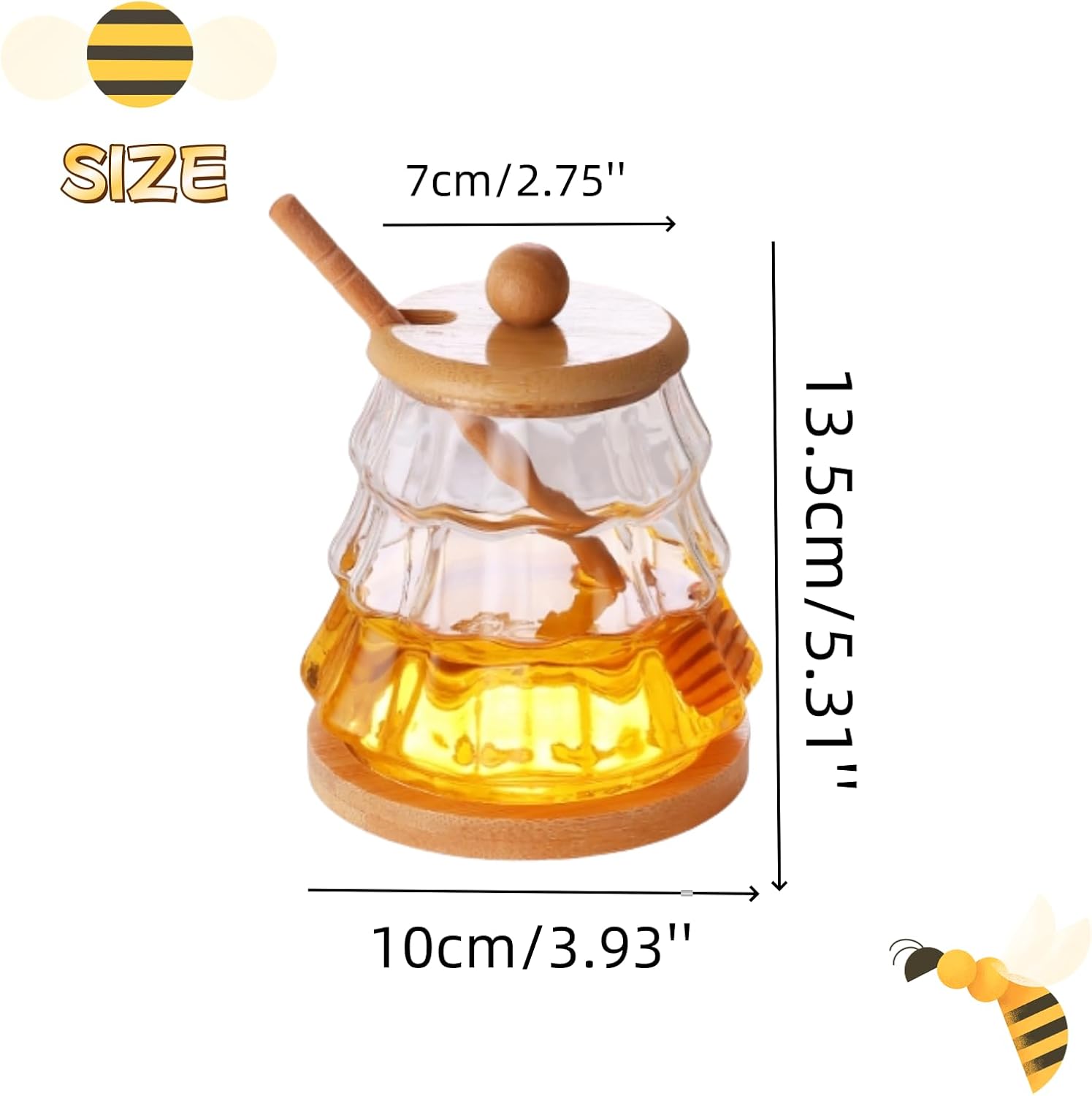Honey Jar with Lid & Dipper - 14oz Glass Honey Pot Set on Wooden Tray - Storage Container for Honey, Syrup, Jam, Maple Syrup, Kitchen Pantry
